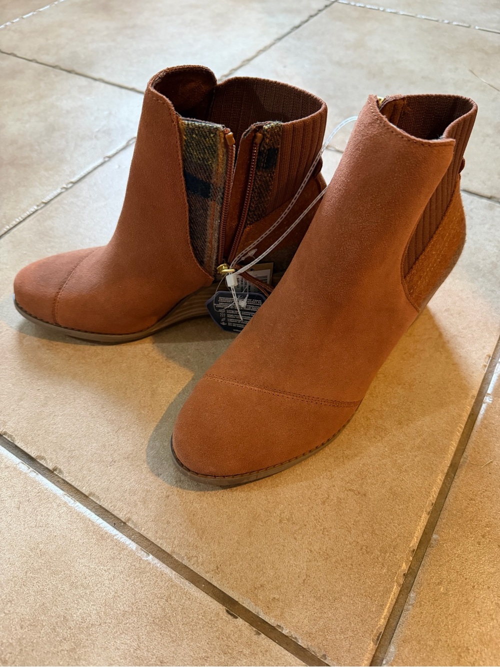 Toms Women's Rust Suede Ankle Booties with Patterned Panel